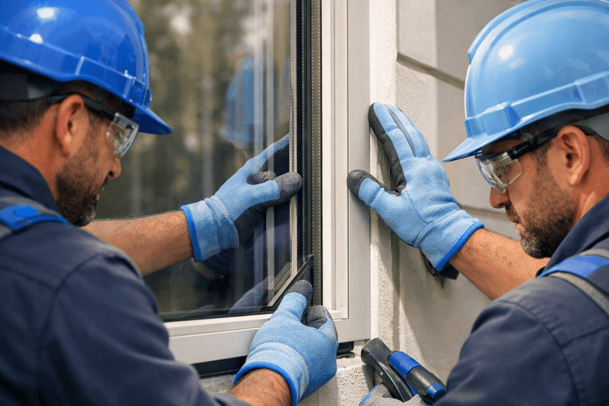 Close-up of two workers carefully fitting ndow pane into frame th safety gear