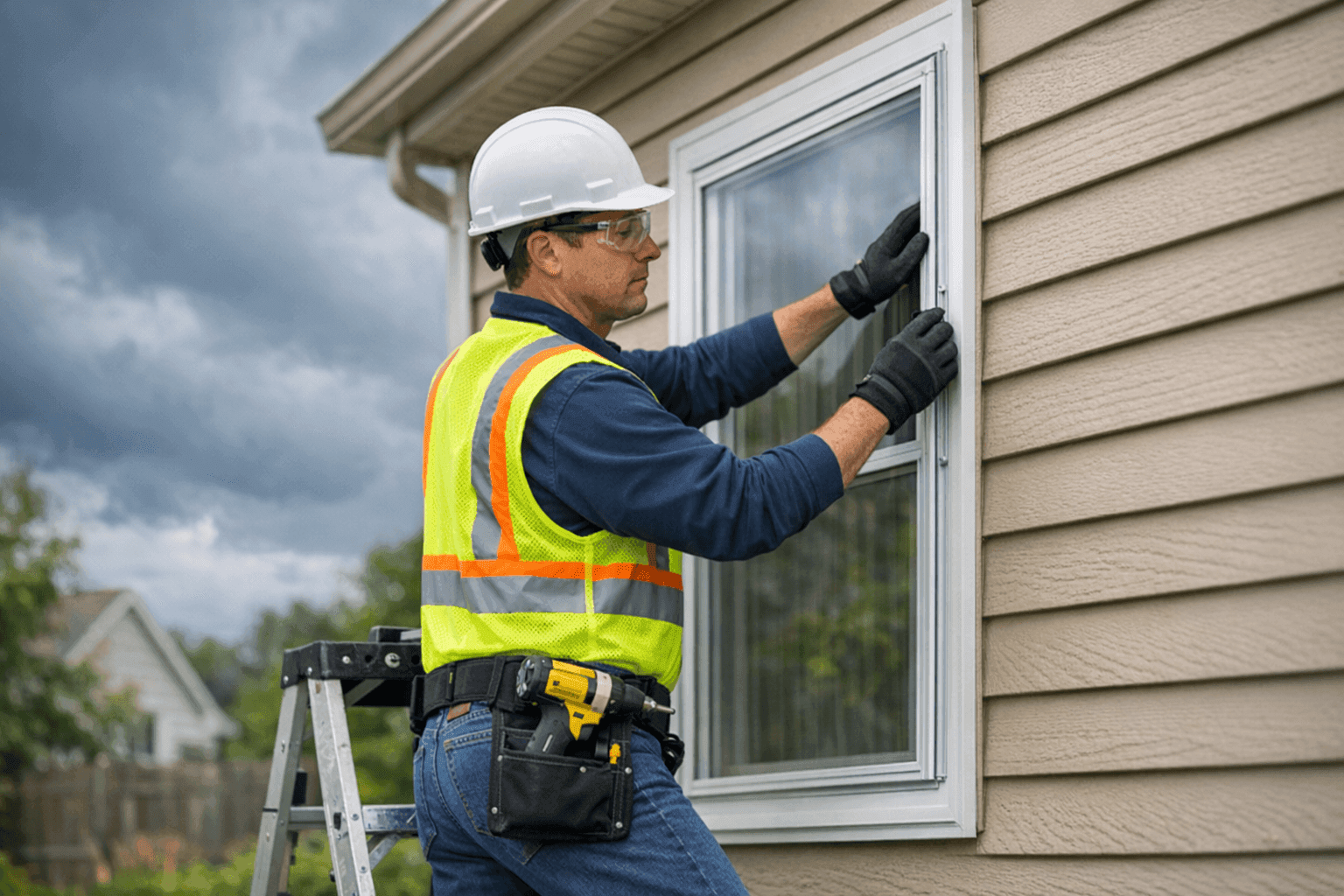 Technician installing storm window on a Madison, WI home before a thunderstorm